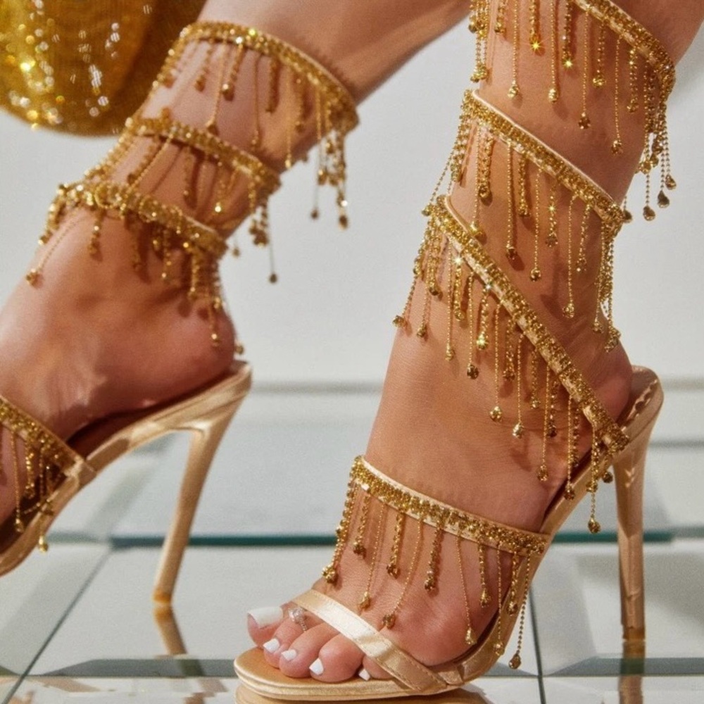 Gold Rhinestone AB Crystal Snake Wrap Around Spiral Sandal Heel Open Toe Size 39